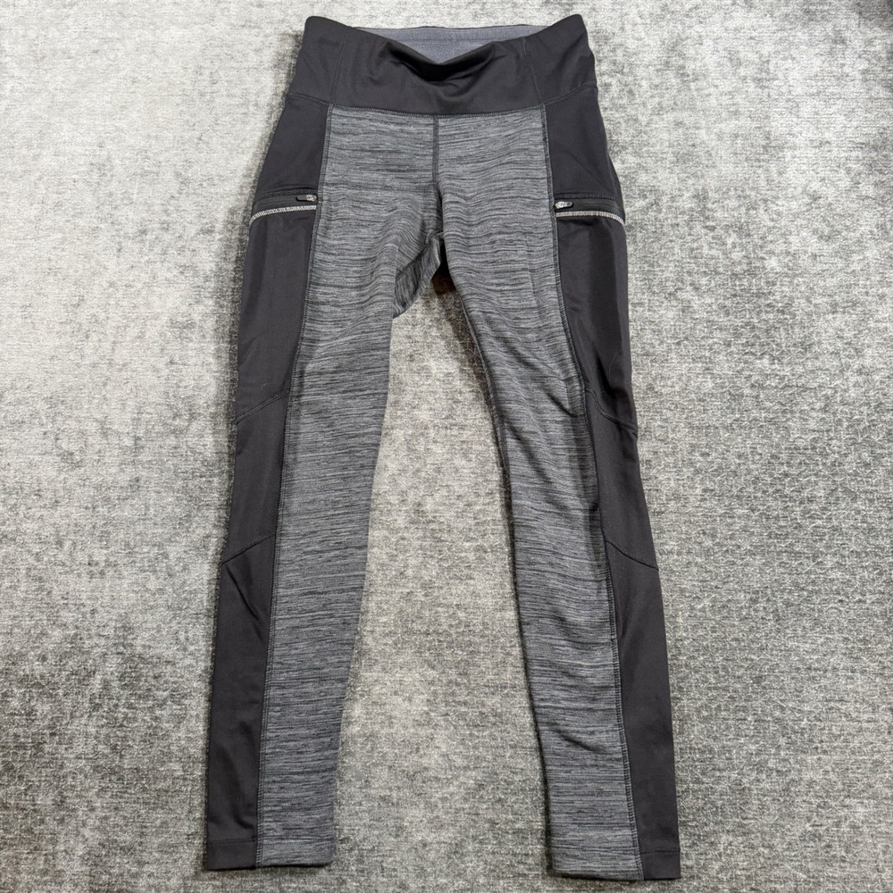 Athleta Polartec Fleece Lined Leggings Gray Space‎ Dye Black Zip Pocket Medium